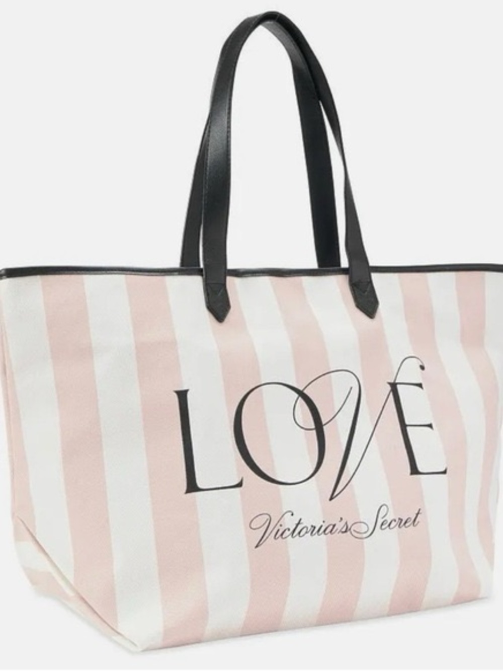 Victoria's Secret Pink & White Striped LOVE Canvas Tote with Black Handles